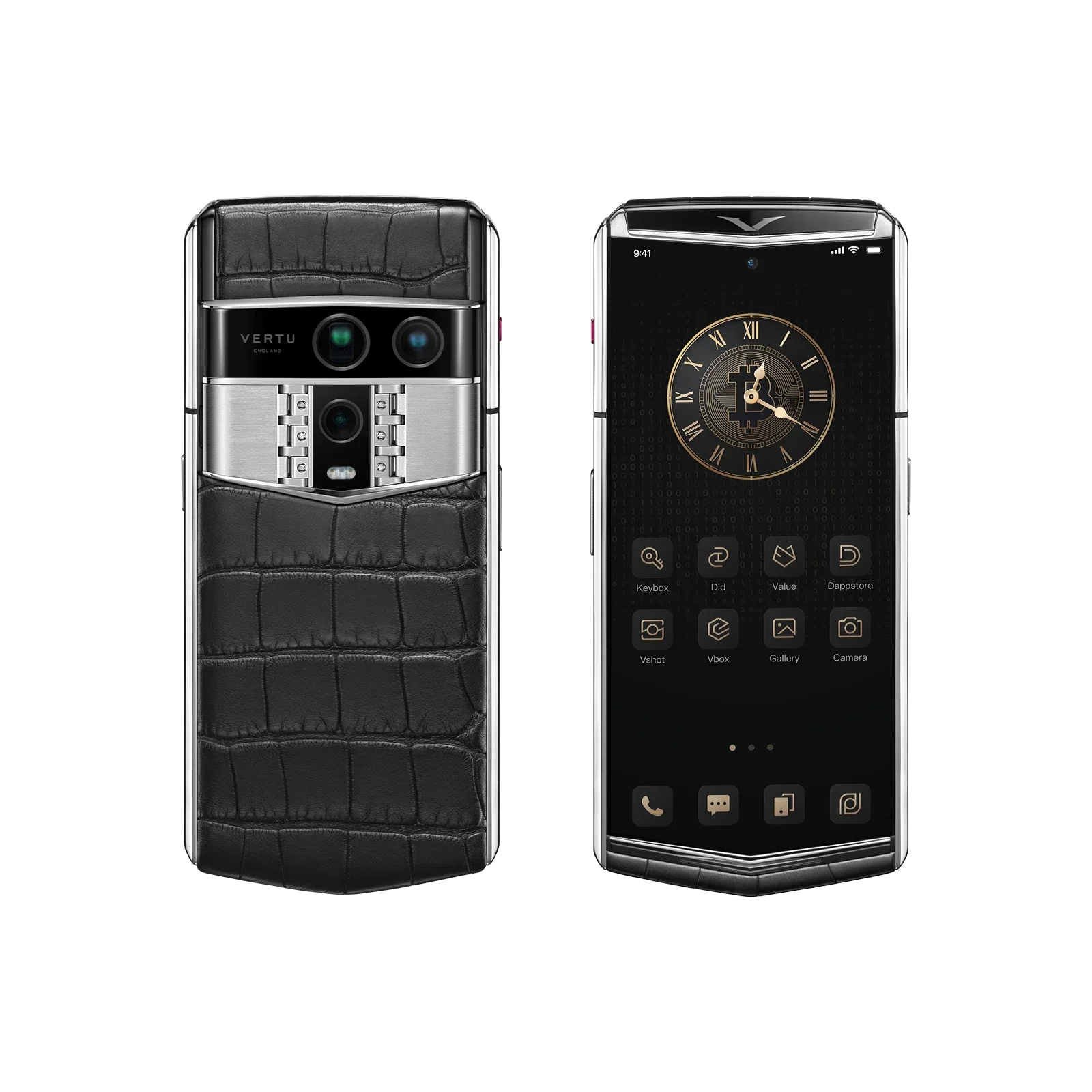 VERTU AGENT Q PHONE IRON BLACK ALLIGATOR SKIN with alligator leather, closed, seen from the front