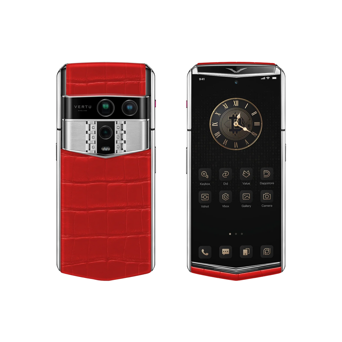 VERTU AGENT Q PHONE RETRO RED ALLIGATOR SKIN, front and back, alligator leather