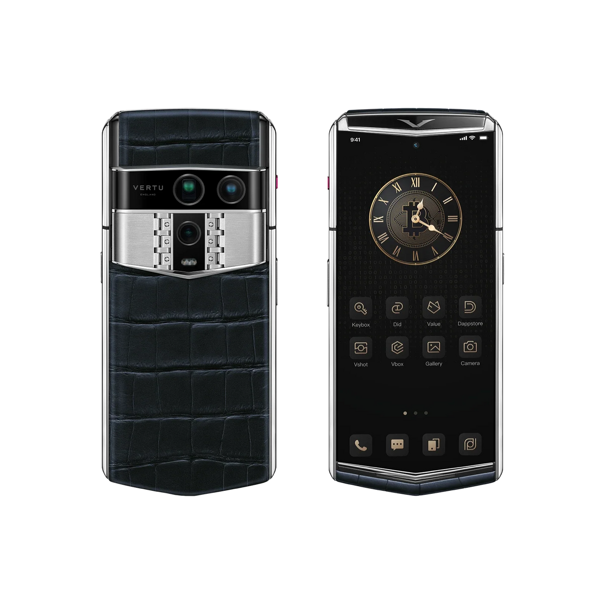 VERTU AGENT Q PHONE NAVY BLUE ALLIGATOR SKIN, open, showing the inner screen, alligator leather case