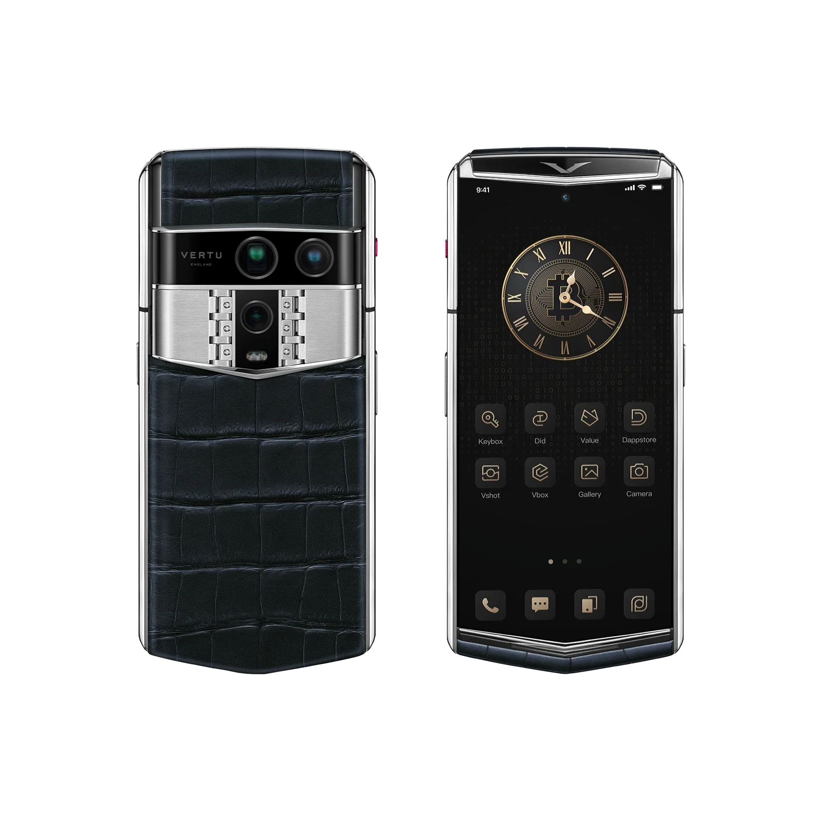 VERTU AGENT Q PHONE NAVY BLUE ALLIGATOR SKIN, open, showing the inner screen, alligator leather case