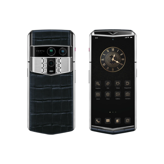 VERTU AGENT Q PHONE NAVY BLUE ALLIGATOR SKIN, open, showing the inner screen, alligator leather case
