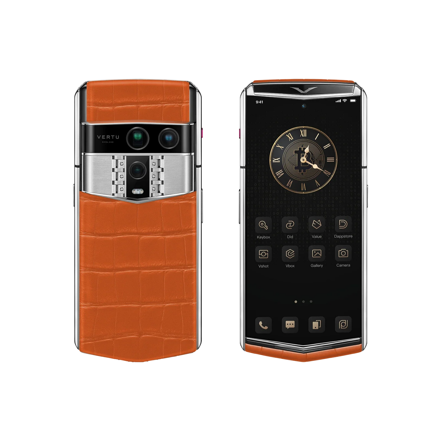 VERTU AGENT Q PHONE RADIANT PHOENIX ALLIGATOR SKIN, back and front view, alligator leather case