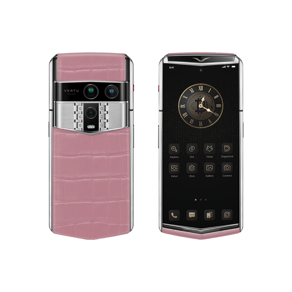 VERTU AGENT Q PHONE SAKURA PINK ALLIGATOR SKIN with alligator leather, three-quarter view