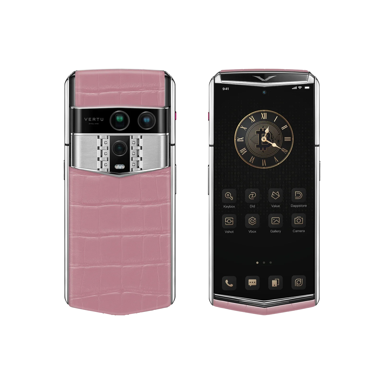 VERTU AGENT Q PHONE SAKURA PINK ALLIGATOR SKIN with alligator leather, three-quarter view