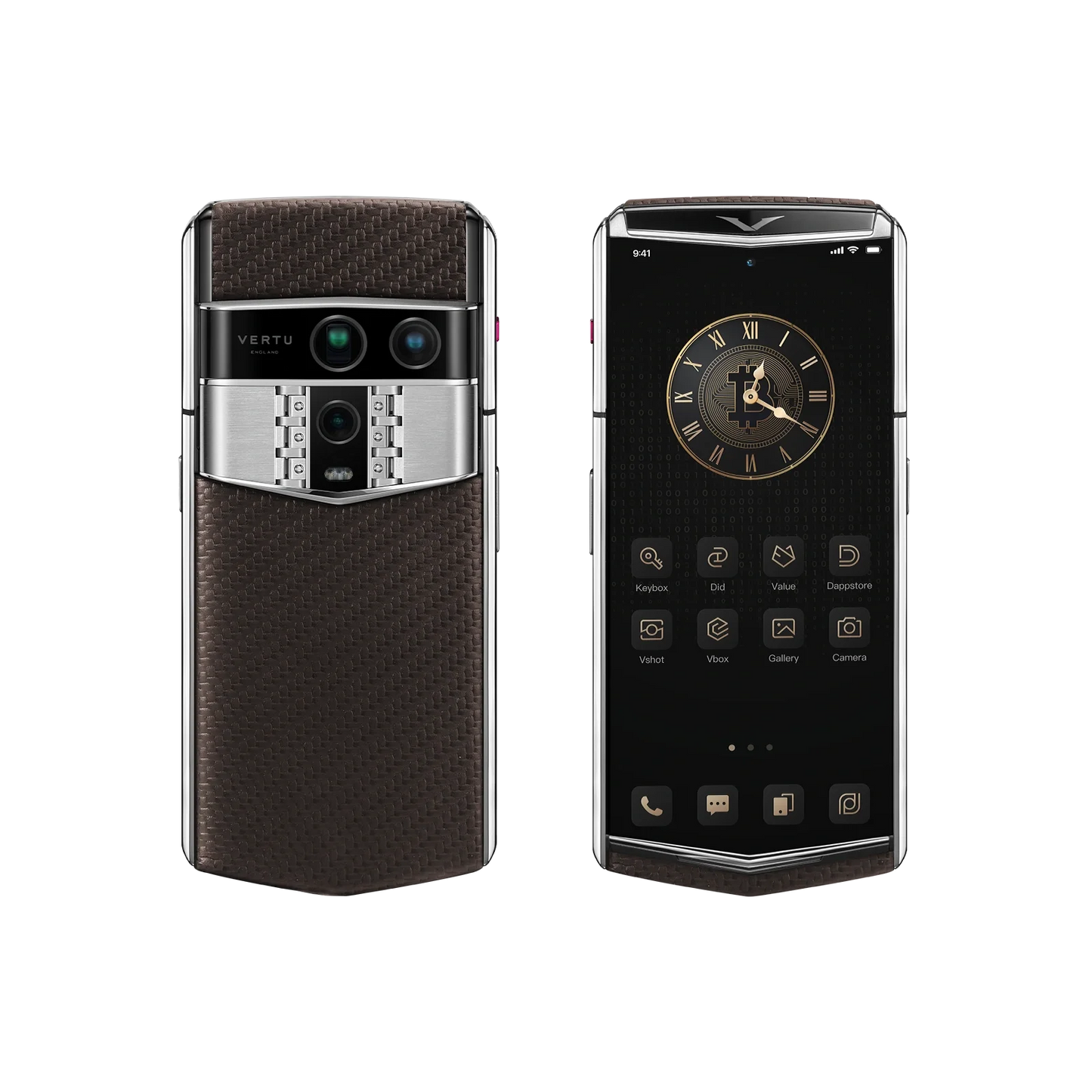 VERTU AGENT Q PHONE PATTERN CALFSKIN BROWN SILVER PLATE CARBON TEXTURE, back panel with the screen alongside, carbon fiber