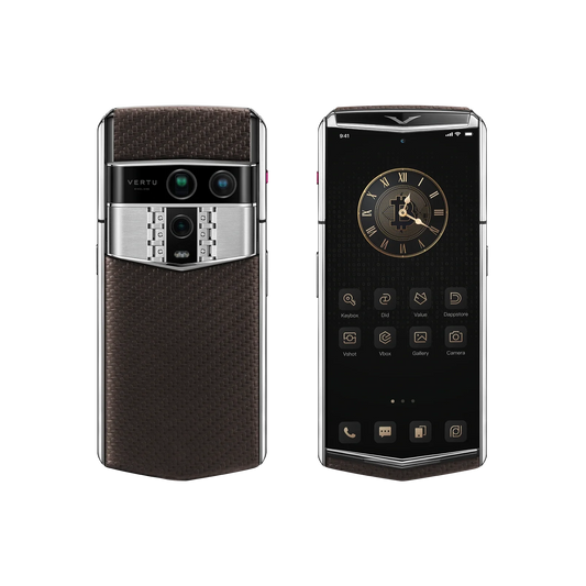 VERTU AGENT Q PHONE PATTERN CALFSKIN BROWN SILVER PLATE CARBON TEXTURE, back panel with the screen alongside, carbon fiber