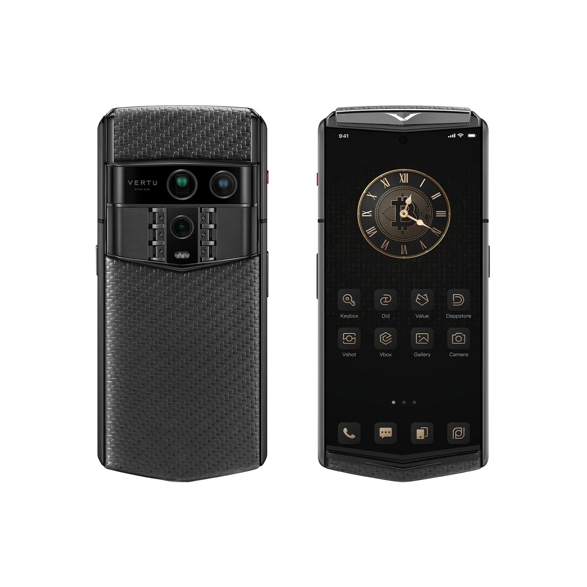 VERTU AGENT Q PHONE PATTERN CALFSKIN BLACK PLATE CARBON TEXTURE, shown from the back and the front with carbon fiber case