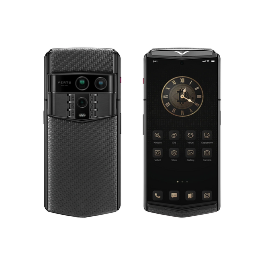 VERTU AGENT Q PHONE PATTERN CALFSKIN BLACK PLATE CARBON TEXTURE, shown from the back and the front with carbon fiber case