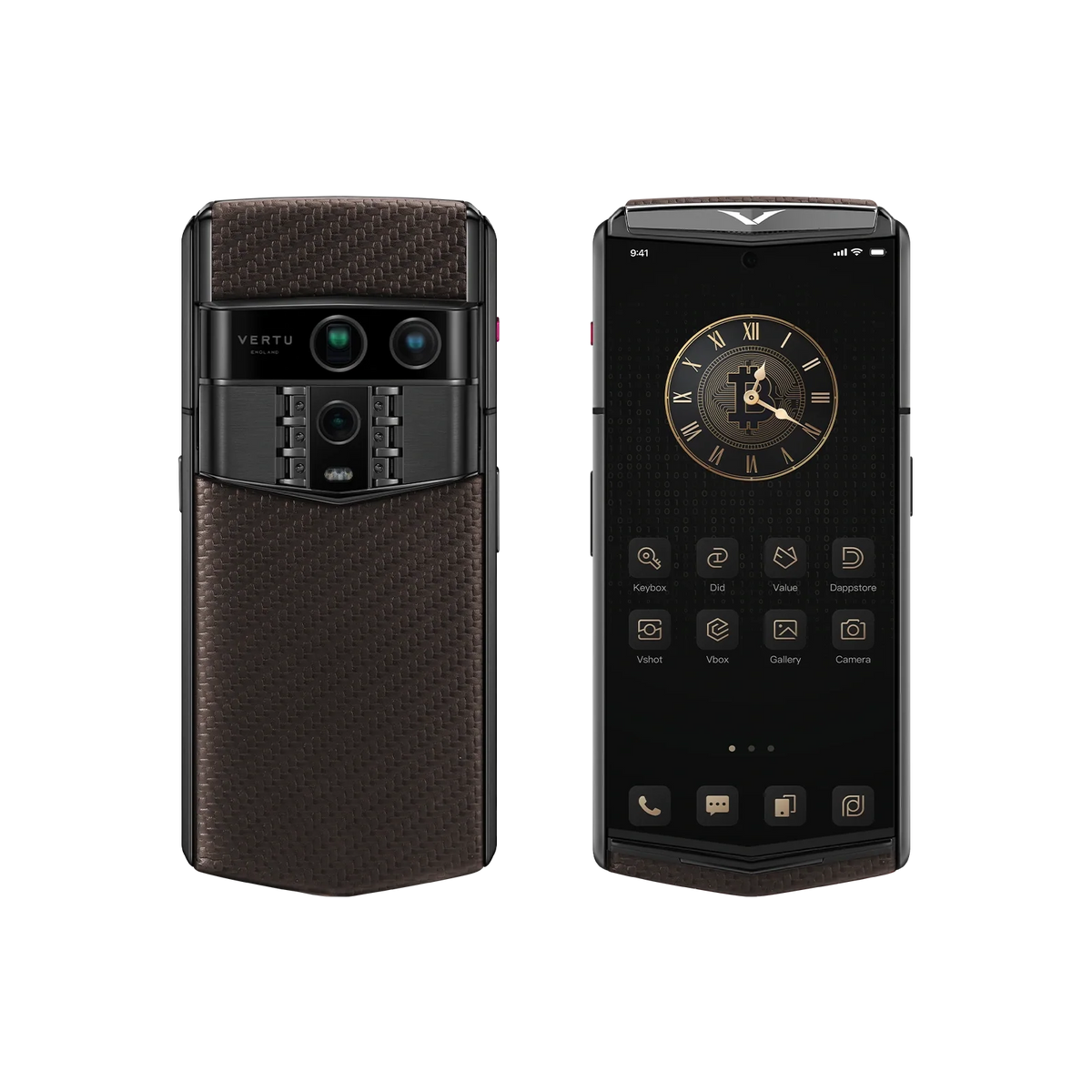 VERTU AGENT Q PHONE PATTERN CALFSKIN BROWN BLACK PLATE CARBON TEXTURE, front and back, carbon fiber