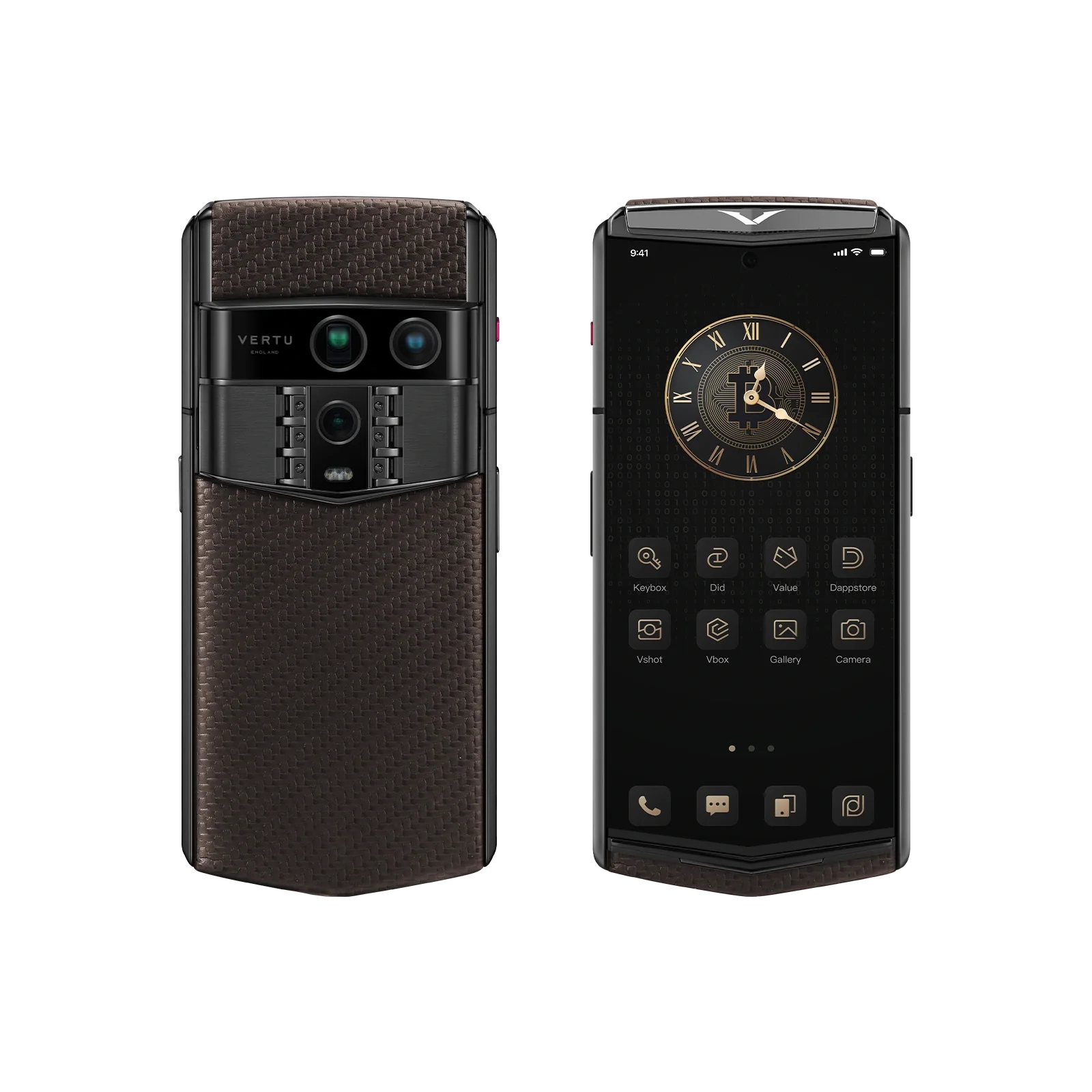 VERTU AGENT Q PHONE PATTERN CALFSKIN BROWN BLACK PLATE CARBON TEXTURE, front and back, carbon fiber