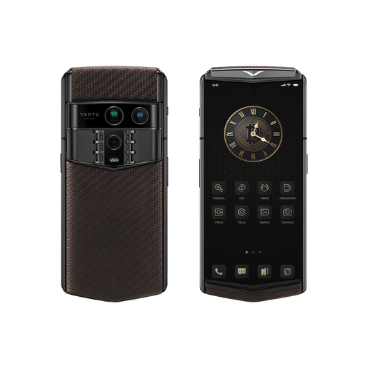 VERTU AGENT Q PHONE PATTERN CALFSKIN BROWN BLACK PLATE CARBON TEXTURE, front and back, carbon fiber
