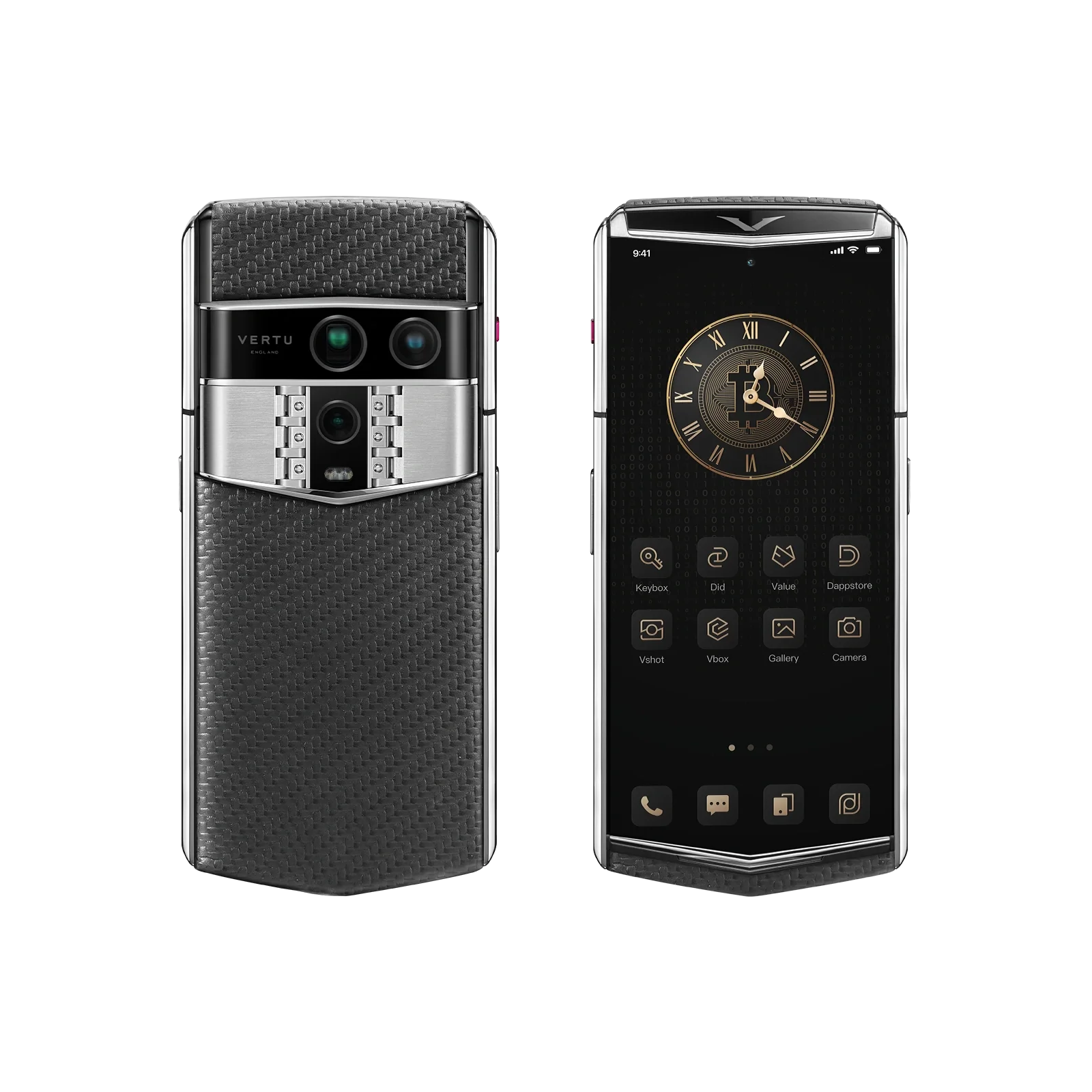 VERTU AGENT Q PHONE PATTERN CALFSKIN BLACK SILVER PLATE CARBON TEXTURE, carbon fiber case, rear panel and screen