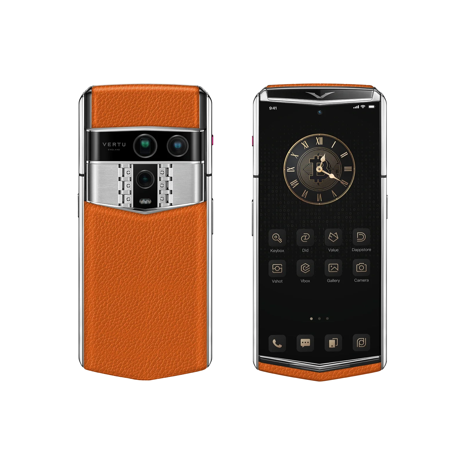 VERTU AGENT Q PHONE GRAINED DAWNING ORANGE CALFSKIN, closed, seen from the front, calf leather case