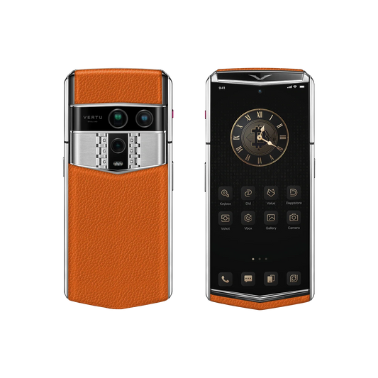 VERTU AGENT Q PHONE GRAINED DAWNING ORANGE CALFSKIN, closed, seen from the front, calf leather case