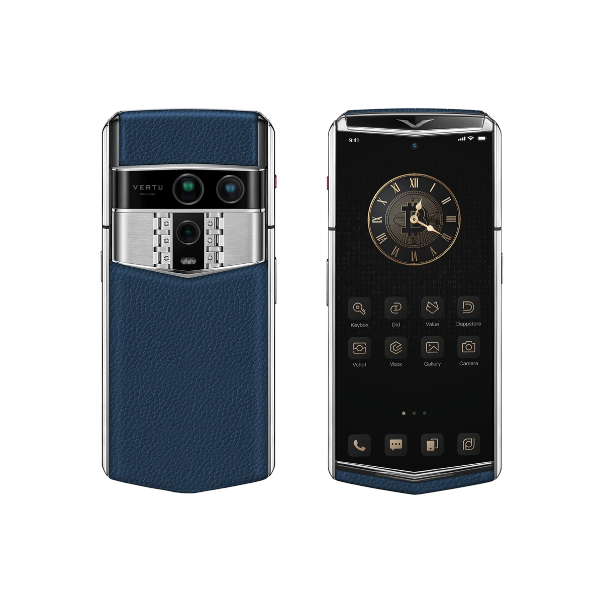 VERTU AGENT Q PHONE GRAINED DEEP BLUE CALFSKIN, side profile with the hinge, calf leather