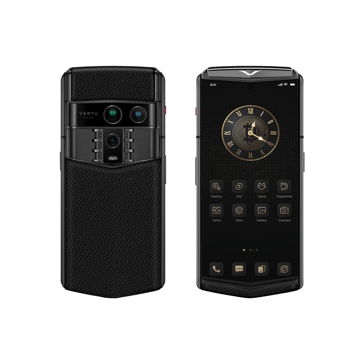 VERTU AGENT Q PHONE GRAINED JADE BLACK CALFSKIN, open, showing the inner screen with calf leather case