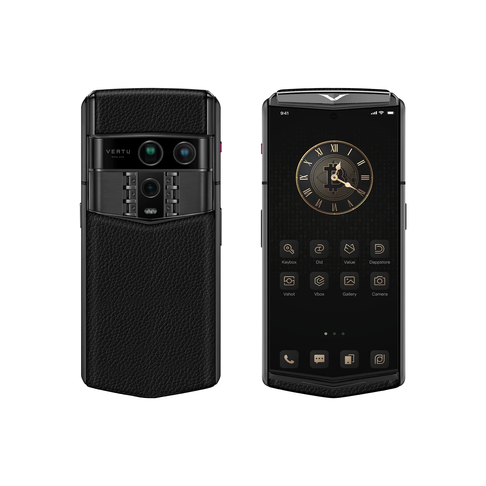 VERTU AGENT Q PHONE GRAINED JADE BLACK CALFSKIN, open, showing the inner screen with calf leather case