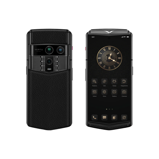 VERTU AGENT Q PHONE GRAINED JADE BLACK CALFSKIN, open, showing the inner screen with calf leather case