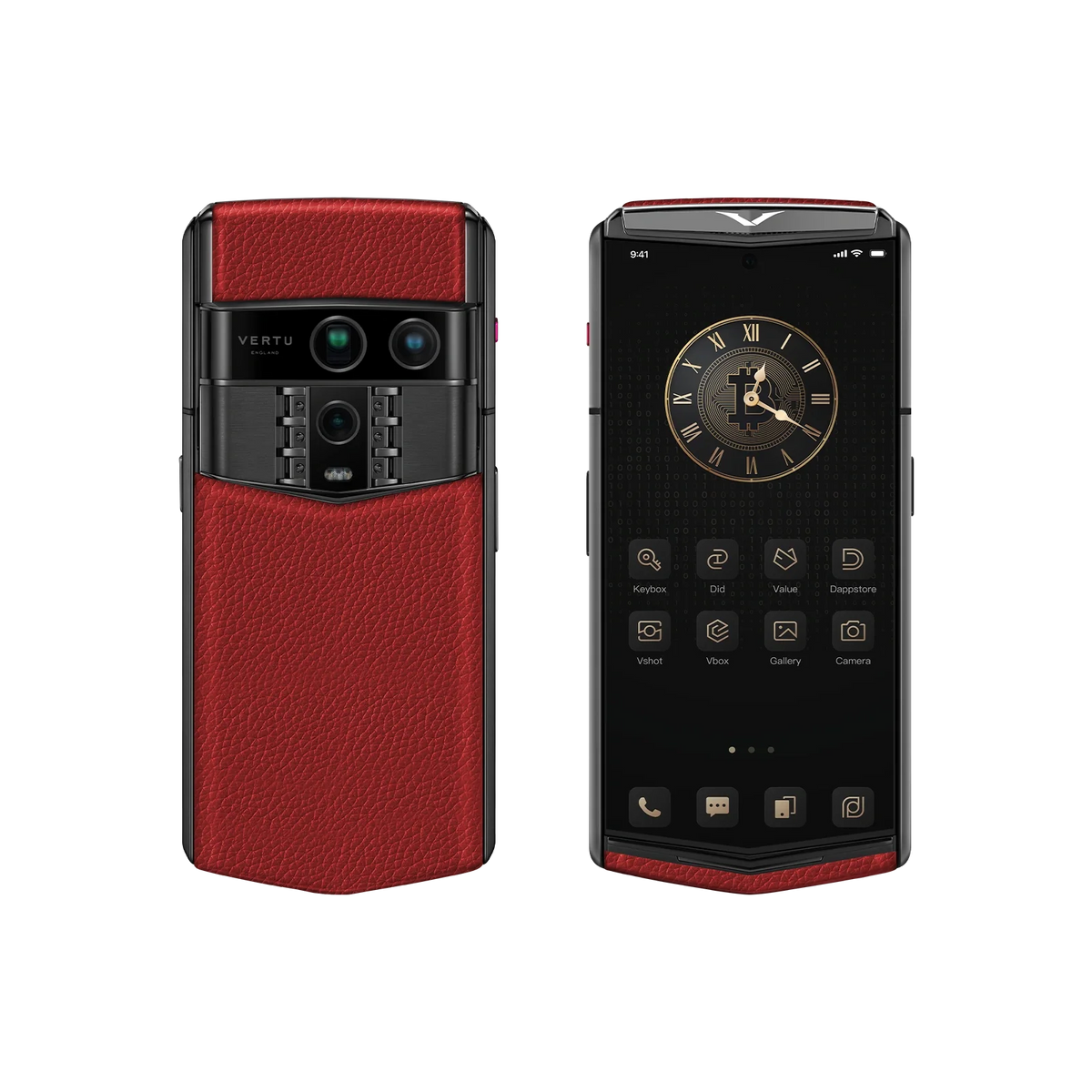 VERTU AGENT Q PHONE GRAINED RASPBERRY RED CALFSKIN, calf leather case, close-up of the case