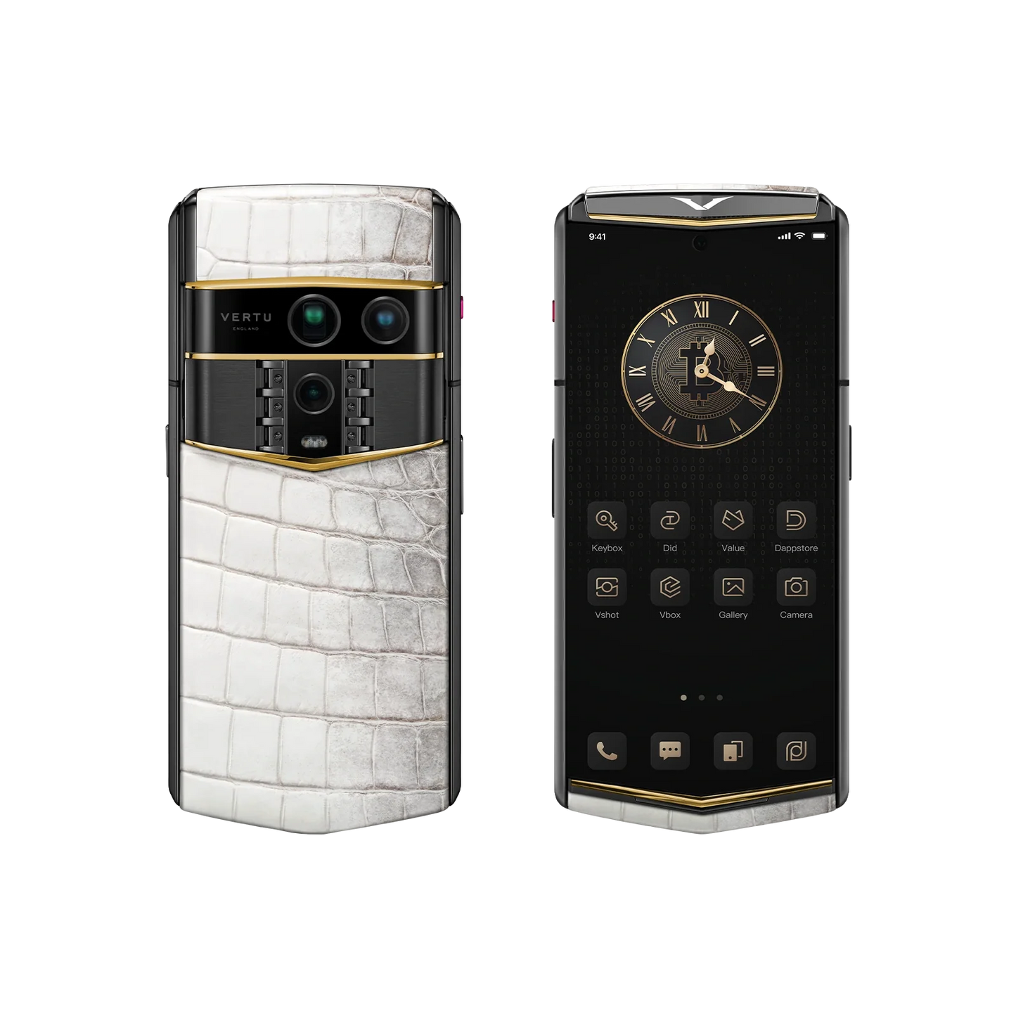 VERTU AGENT Q PHONE HIMALAYA ACCENT GOLD V ALLIGATOR SKIN, side profile with the hinge with alligator leather and gold case