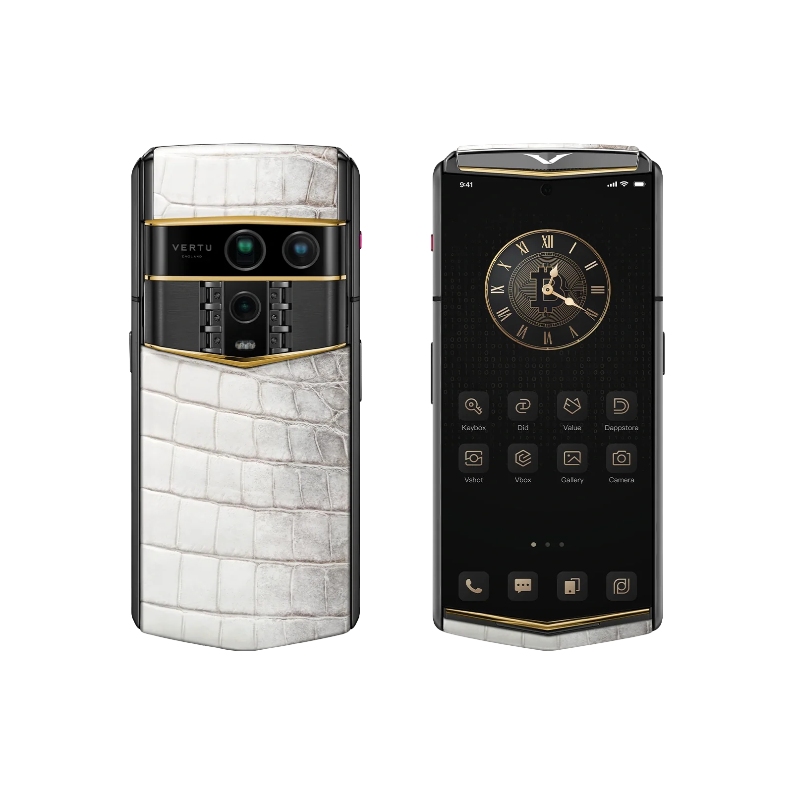 VERTU AGENT Q PHONE HIMALAYA ACCENT GOLD V ALLIGATOR SKIN, side profile with the hinge with alligator leather and gold case