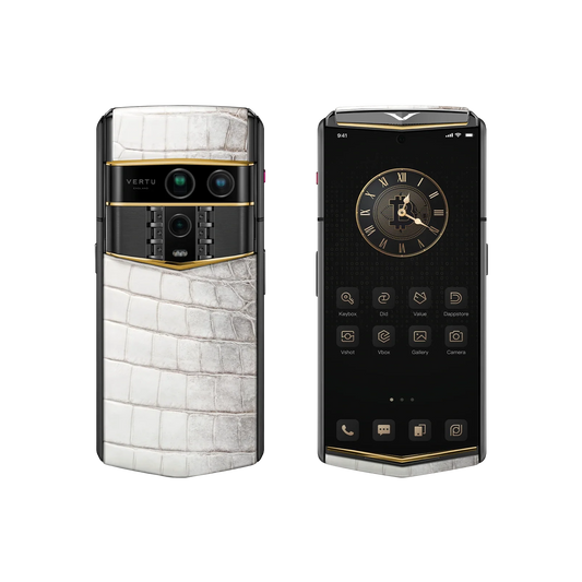 VERTU AGENT Q PHONE HIMALAYA ACCENT GOLD V ALLIGATOR SKIN, side profile with the hinge with alligator leather and gold case