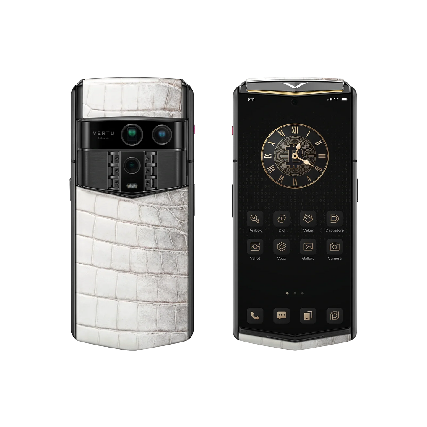 VERTU AGENT Q PHONE HIMALAYA ACCENT GOLD I ALLIGATOR SKIN with alligator leather and gold, closed, seen from the front