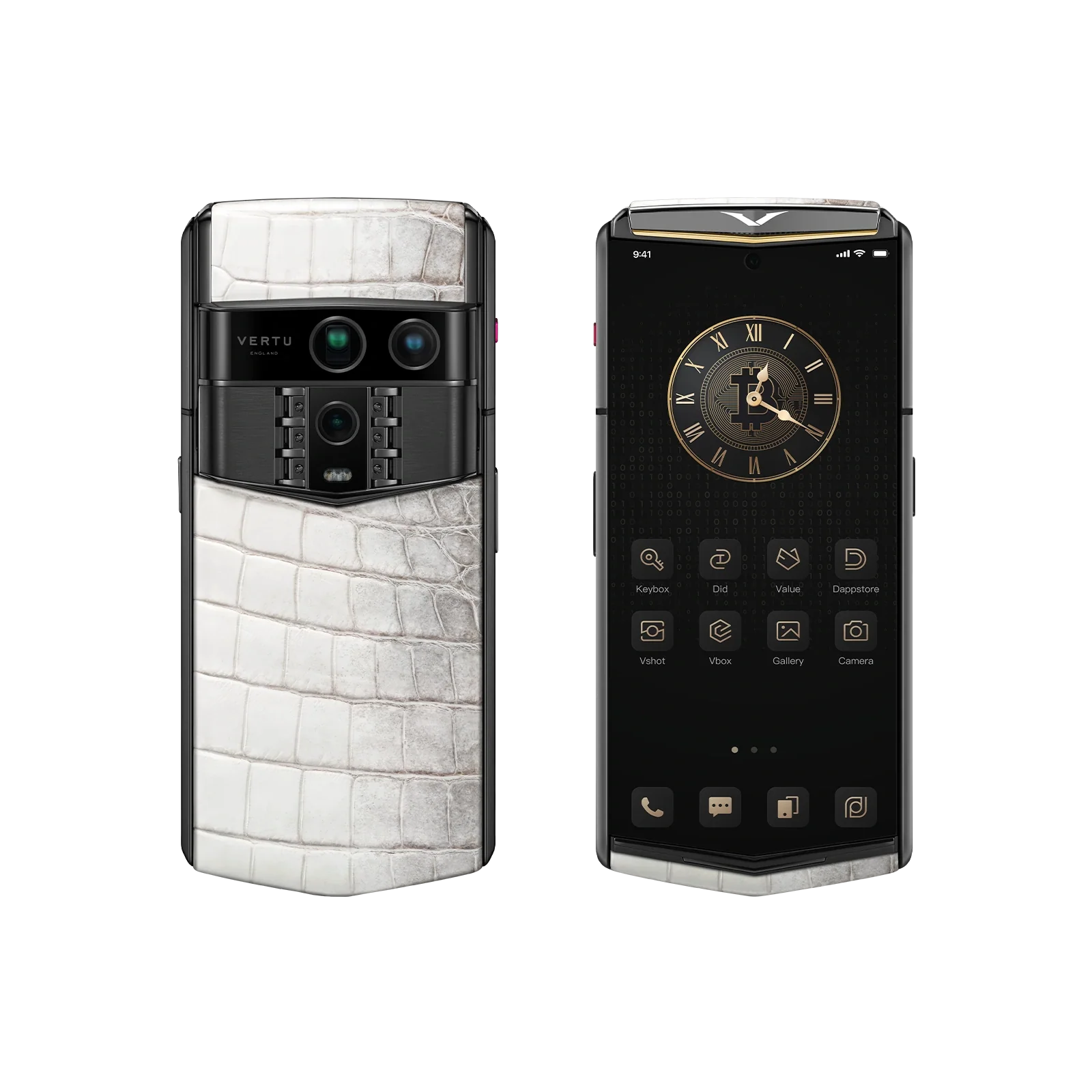 VERTU AGENT Q PHONE HIMALAYA ACCENT GOLD I ALLIGATOR SKIN with alligator leather and gold, closed, seen from the front