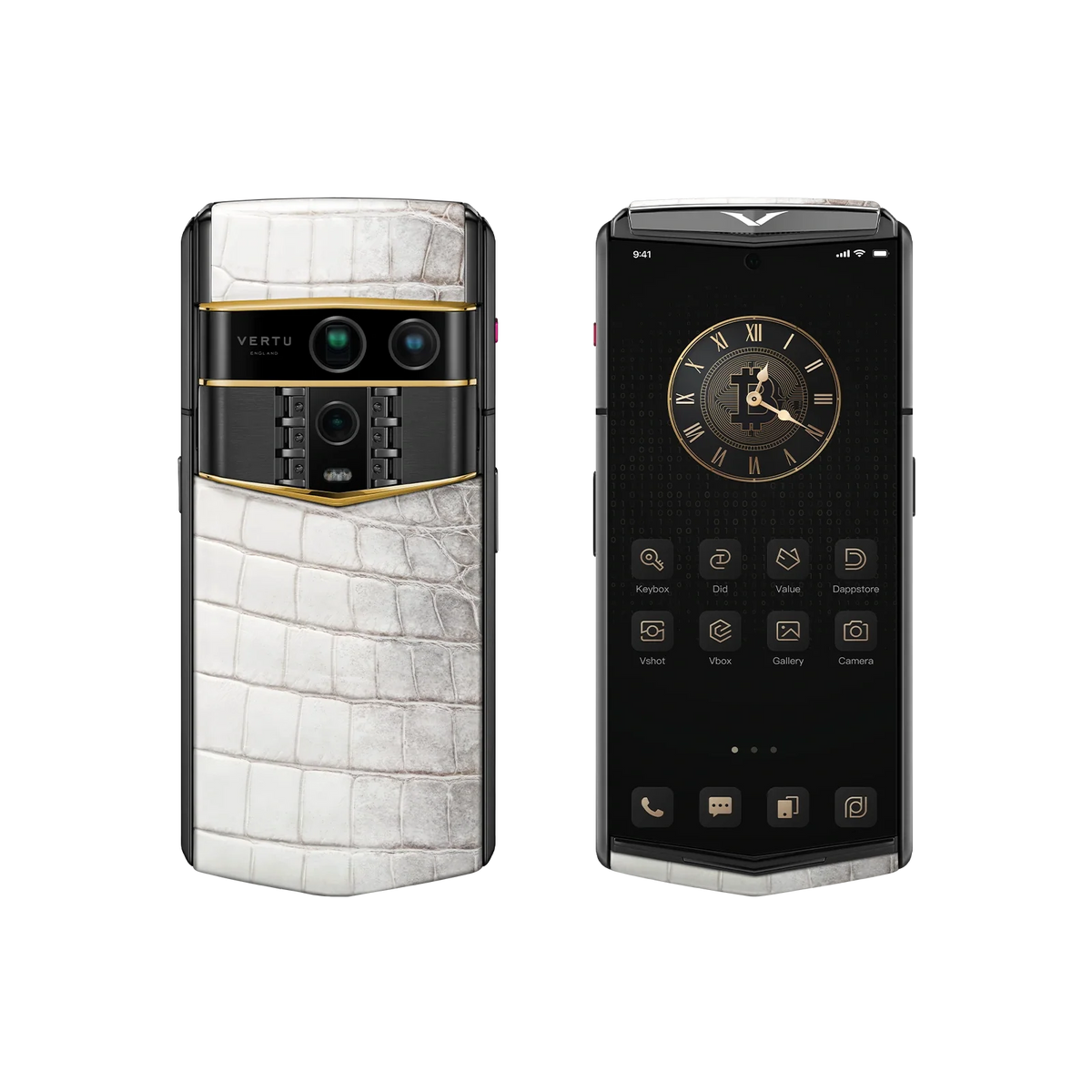 VERTU AGENT Q PHONE HIMALAYA ACCENT GOLD III ALLIGATOR SKIN, open, showing the inner screen, alligator leather and gold case