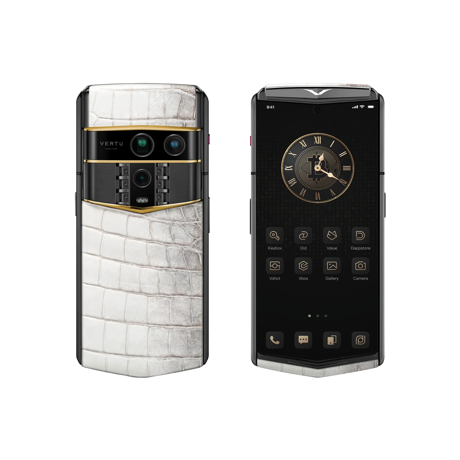 VERTU AGENT Q PHONE HIMALAYA ACCENT GOLD III ALLIGATOR SKIN, open, showing the inner screen, alligator leather and gold case