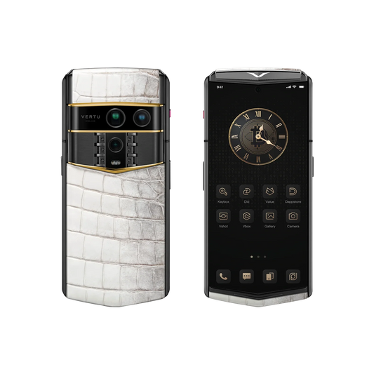 VERTU AGENT Q PHONE HIMALAYA ACCENT GOLD III ALLIGATOR SKIN, open, showing the inner screen, alligator leather and gold case