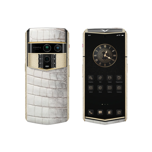 VERTU AGENT Q PHONE HIMALAYA & FULL GOLD & DIAMOND ALLIGATOR SKIN, shown from the back and the front