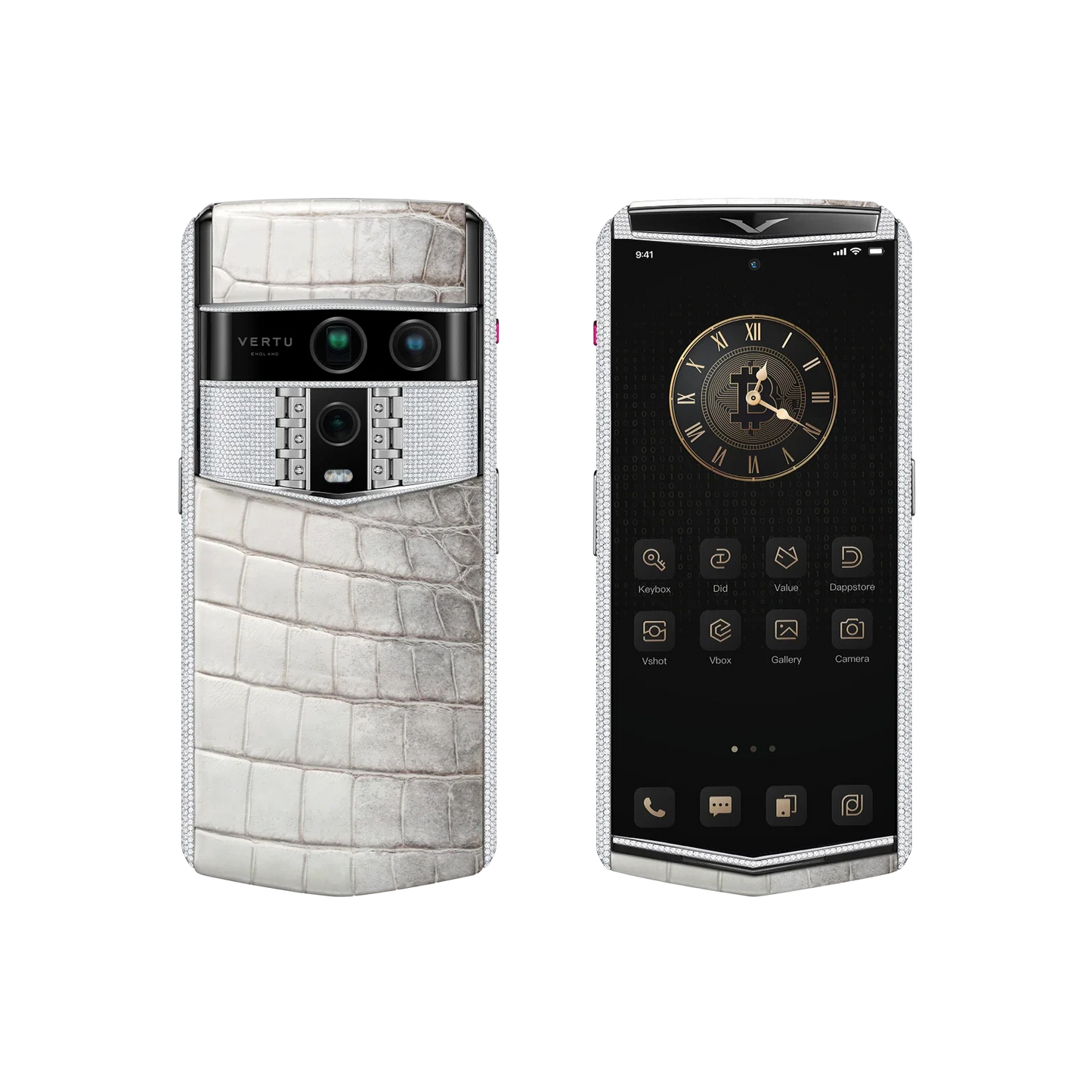 VERTU AGENT Q PHONE HIMALAYA & FULL WHITE GOLD & DIAMOND ALLIGATOR SKIN, back and front view