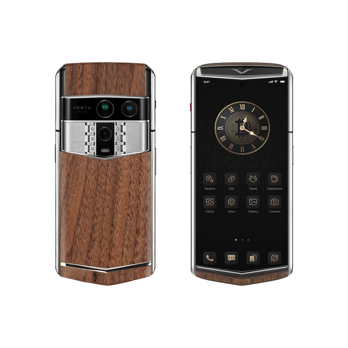 VERTU AGENT Q PHONE SOLID WALNUT, back and front view, solid black walnut case