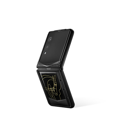 VERTU QUANTUM FLIP PHONE THE 2026 CHINESE ZODIAC EDITION ONYX BLACK AGATE, front and back, hand-polished agate case