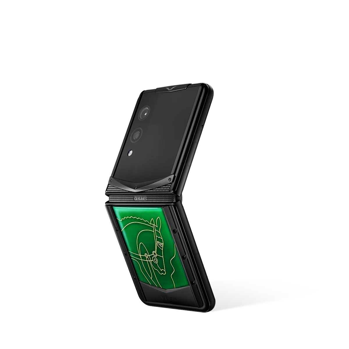 VERTU QUANTUM FLIP PHONE THE 2026 CHINESE ZODIAC EDITION EMERALD GREEN AGATE, shown from the back and the front