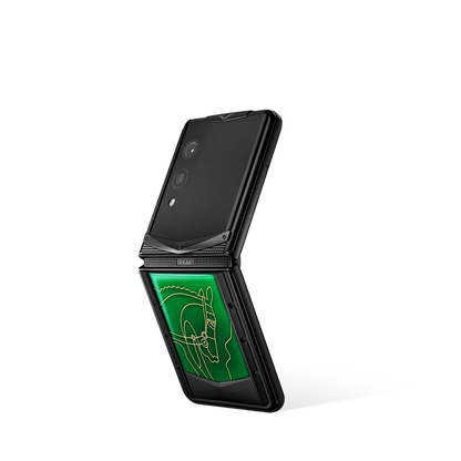 VERTU QUANTUM FLIP PHONE THE 2026 CHINESE ZODIAC EDITION EMERALD GREEN AGATE, shown from the back and the front