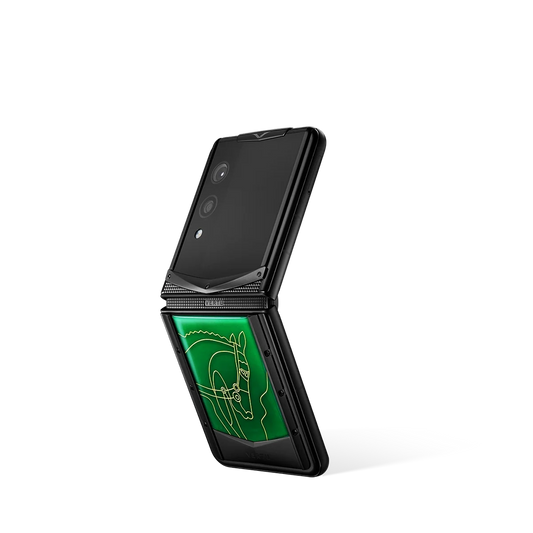 VERTU QUANTUM FLIP PHONE THE 2026 CHINESE ZODIAC EDITION EMERALD GREEN AGATE, shown from the back and the front