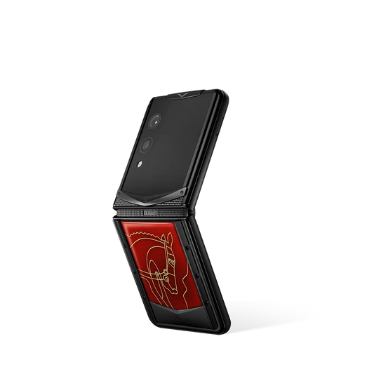 VERTU QUANTUM FLIP PHONE THE 2026 CHINESE ZODIAC EDITION PHOENIX FLAME AGATE, hand-polished agate case, back and front view
