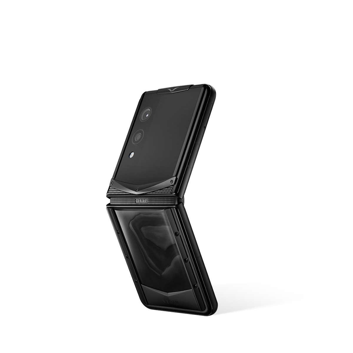 VERTU QUANTUM FLIP PHONE CELESTIAL DARK AGATE, side profile with the hinge, hand-polished agate case