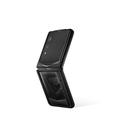 VERTU QUANTUM FLIP PHONE CELESTIAL DARK AGATE, side profile with the hinge, hand-polished agate case