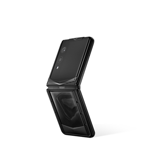 VERTU QUANTUM FLIP PHONE CELESTIAL DARK AGATE, side profile with the hinge, hand-polished agate case