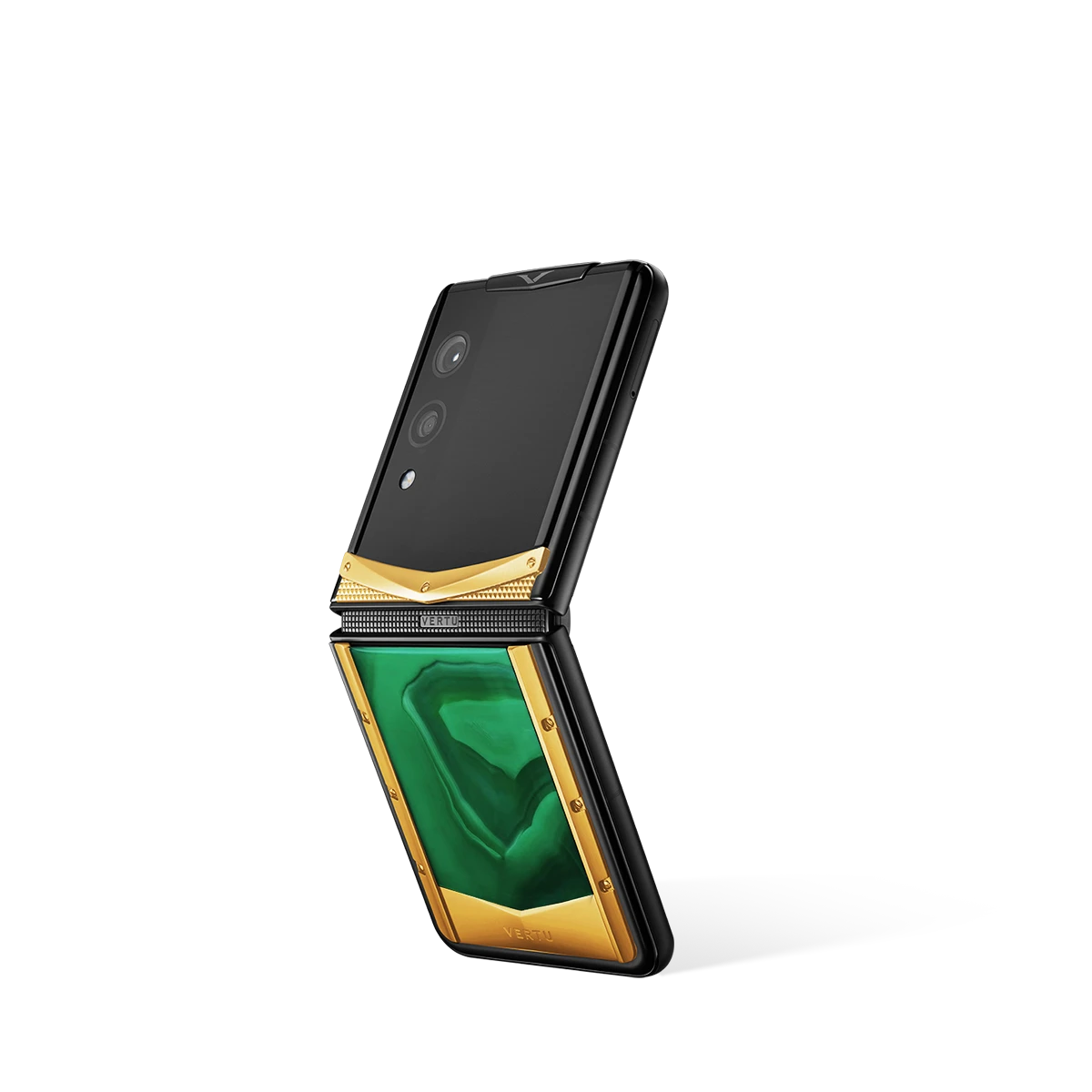 VERTU QUANTUM FLIP PHONE EMERALD GREEN GOLD IRON BLACK AGATE, hand-polished agate case, closed, seen from the front