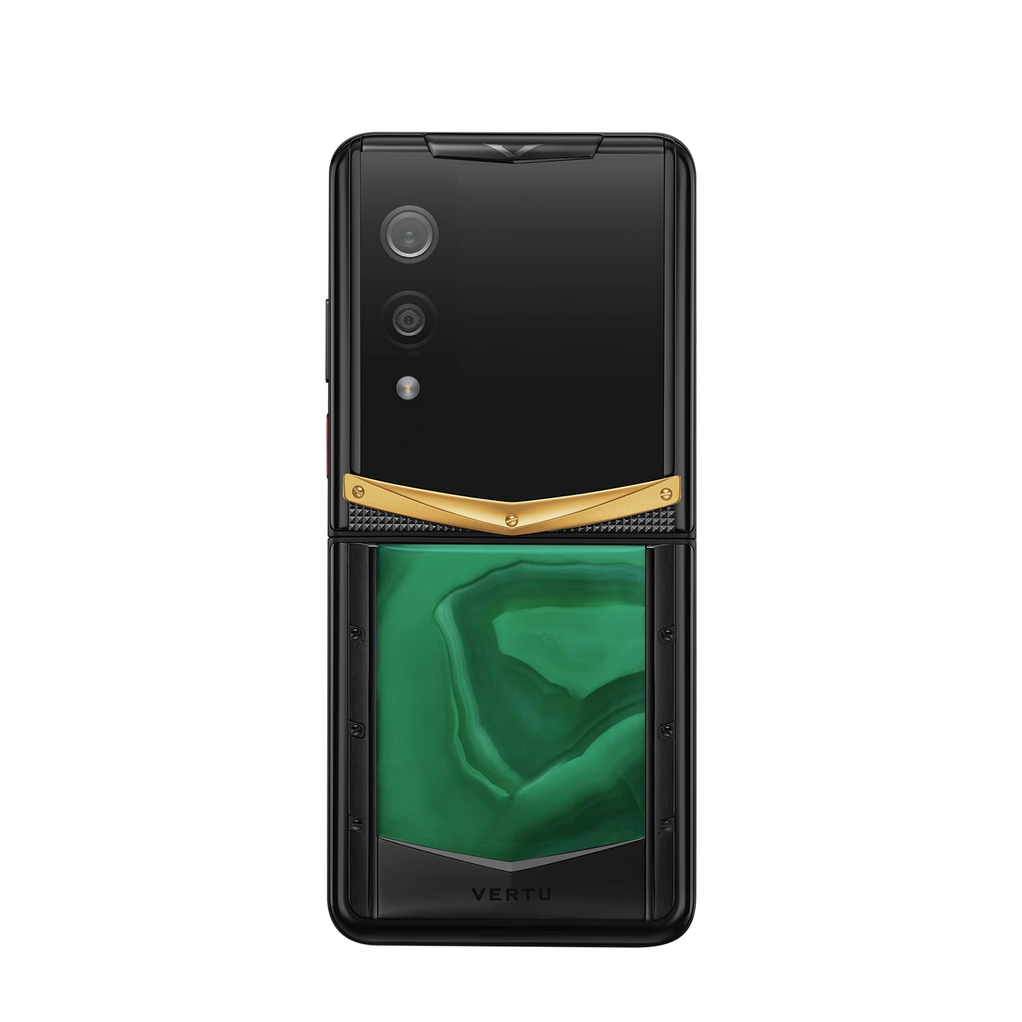 VERTU QUANTUM FLIP PHONE EMERALD GREEN GOLD V AGATE with hand-polished agate, open, showing the inner screen