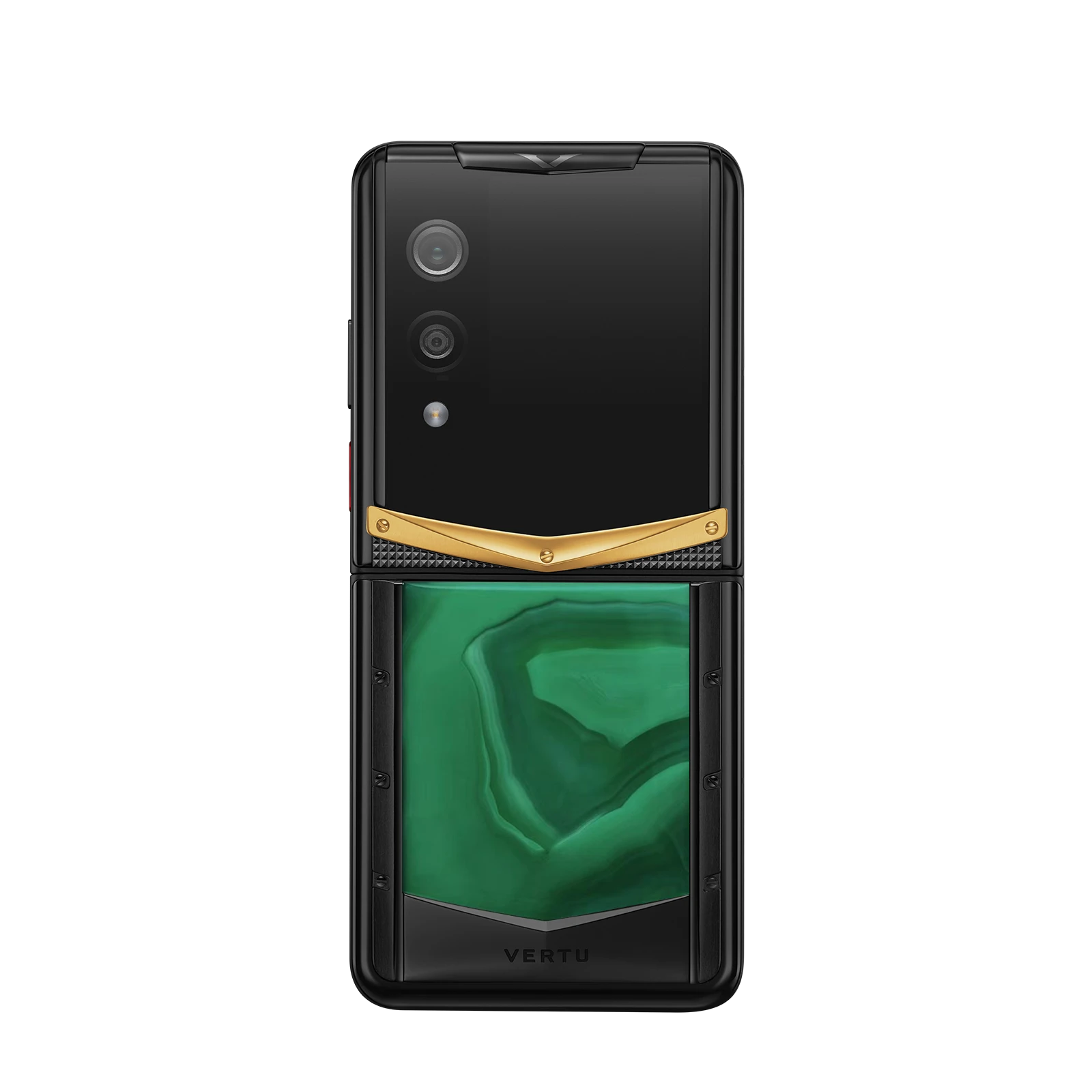 VERTU QUANTUM FLIP PHONE EMERALD GREEN GOLD V AGATE with hand-polished agate, open, showing the inner screen