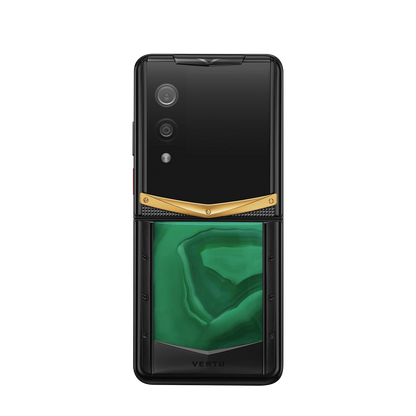 VERTU QUANTUM FLIP PHONE EMERALD GREEN GOLD V AGATE with hand-polished agate, open, showing the inner screen