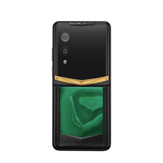 VERTU QUANTUM FLIP PHONE EMERALD GREEN GOLD V AGATE with hand-polished agate, open, showing the inner screen