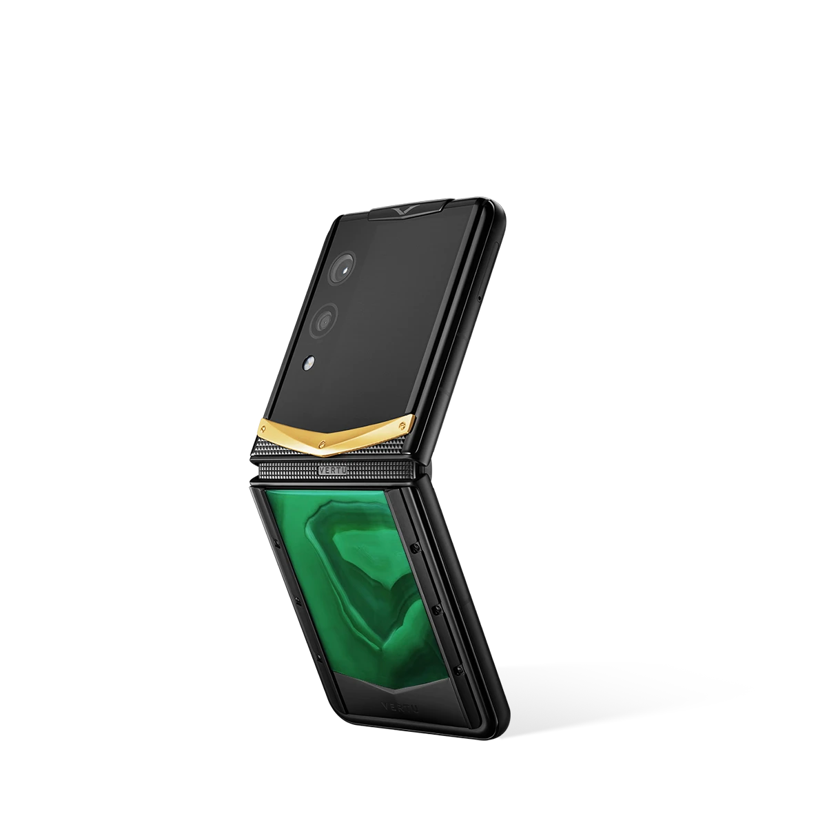 VERTU QUANTUM FLIP PHONE EMERALD GREEN GOLD V AGATE, back panel with the screen alongside, hand-polished agate