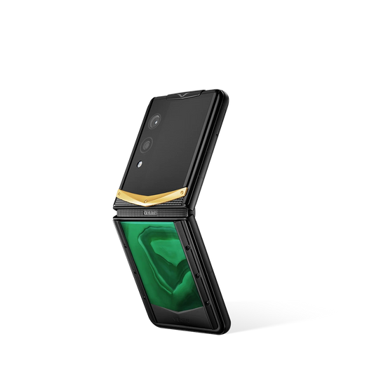 VERTU QUANTUM FLIP PHONE EMERALD GREEN GOLD V AGATE, back panel with the screen alongside, hand-polished agate