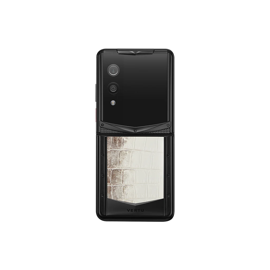 VERTU QUANTUM FLIP PHONE HIMALAYA CROCODILE ALLIGATOR SKIN, shown from the back and the front, Himalaya alligator leather